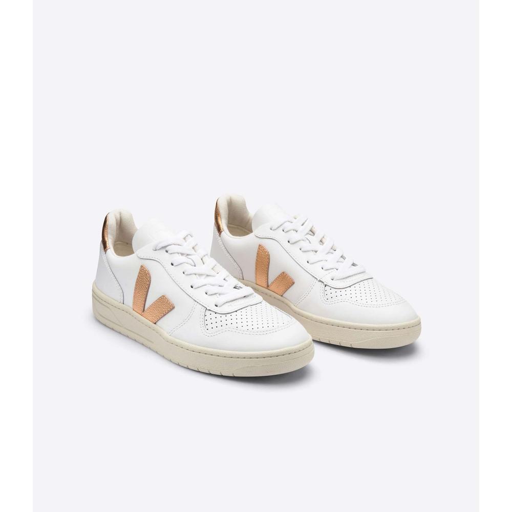 Veja V-10 LEATHER Joggesko Dame White/Gold | NO 641CTV